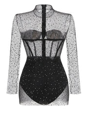 Black and white sheer bodysuit with long sleeves on a white background