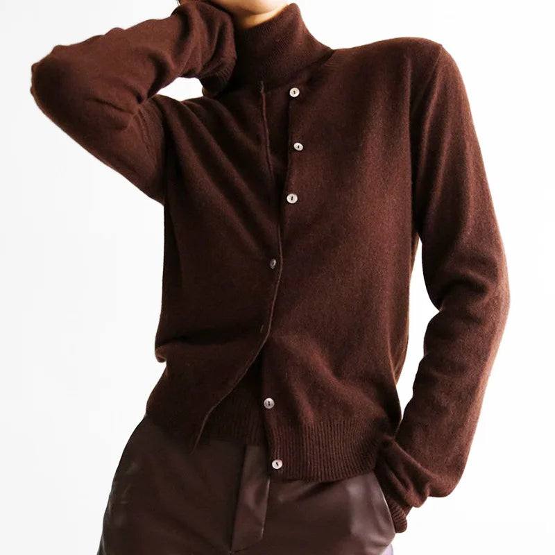 Brown cardigan with button details on a white background