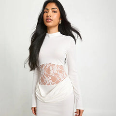Lace Waist Bodycon Mini Dress with Sculpted Long Sleeves