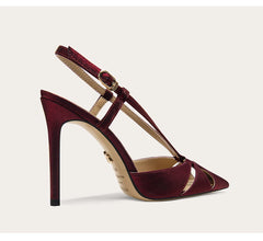 Maroon high-heeled sandal with a strap on a light beige background
