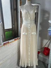 Pleated Sheer Cut-Out Buttoned Maxi Dress