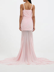 Ruched V-Neck Sheer-Hem Maxi Dress