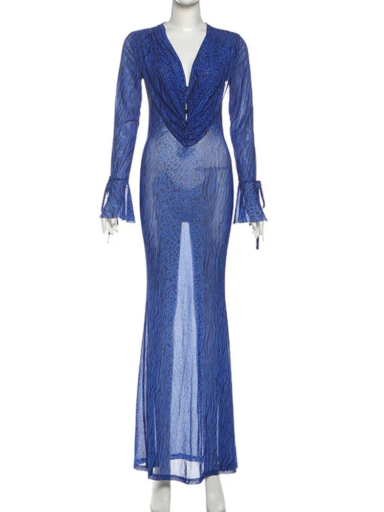 Blue dress on a mannequin against a white background