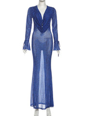 Blue dress on a mannequin against a white background