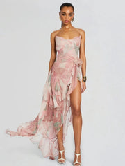 Spaghetti strap floral print ruffle high-slit asymmetrical hem maxi dress