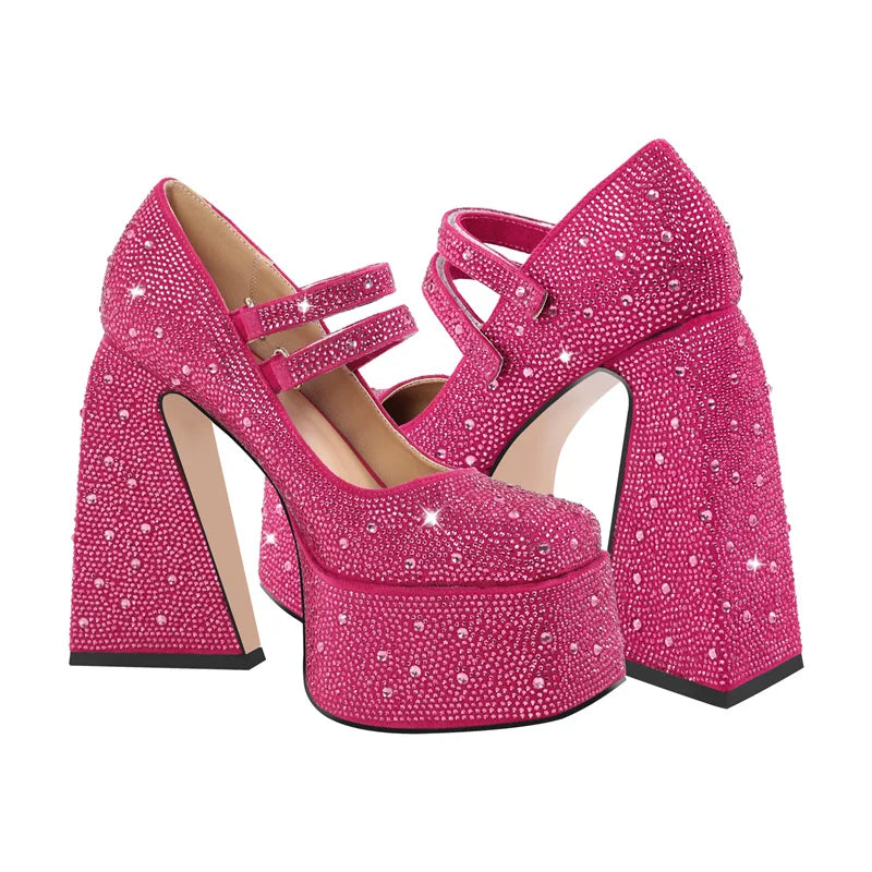 Close-up of rhinestone platform Mary Jane heels showcasing the embellished texture.