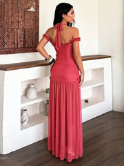 Ruffled Edge Slash Neck Frill Maxi Dress