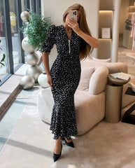 Half-Sleeve Polka Dot Midi Dress