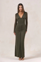 Sequin V-neck Ruched Detail Long Sleeve Maxi Dress
