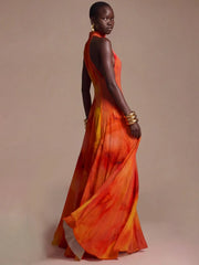 Halter Neck Abstract Print Maxi Dress