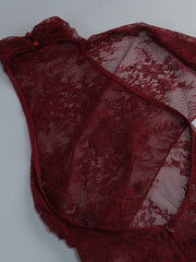 Burgundy Sheer High Neck Draped Lace Maxi Dress