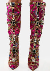 Decorative pink knee-high boots with gemstones
