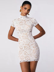 White lace turtleneck mini dress