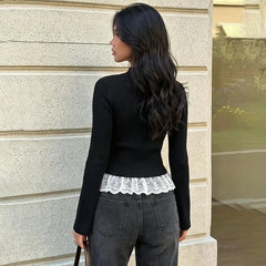 Ribbed Lace Trim Mock Neck Top