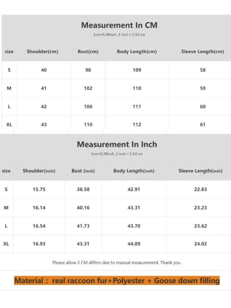 Measurement chart for clothing sizes in centimeters and inches with fur and goose down filling details.