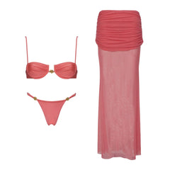 Ruched mesh bikini top and maxi skirt flat lay