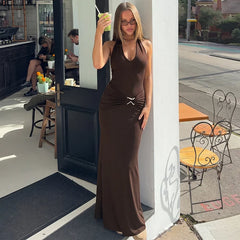 Brown Ruched Waist Metal Buckle Halter Neck Maxi Dress