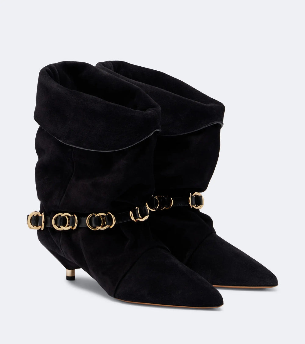 Pointed toe wrinkled ankle boots in black suede with gold hardware