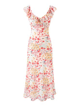 Ruffled V-neck sleeveless A-line midi dress with tie detail.