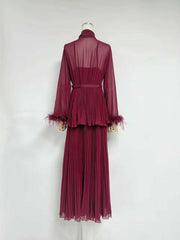 Round Collar Bow Neck Long Sleeve Pleated Maxi Dress