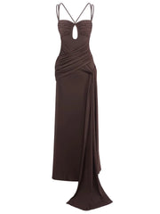 Brown evening gown with thin straps on a white background