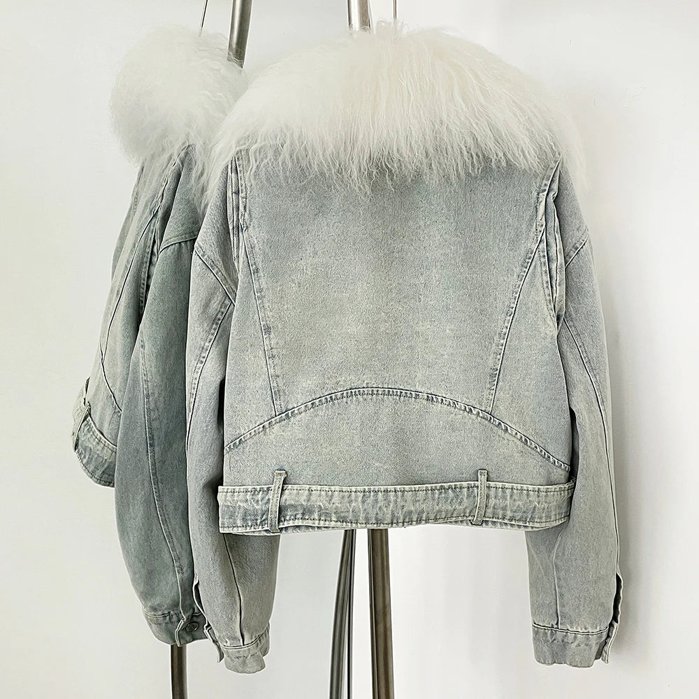 Light blue denim jacket with fur collar