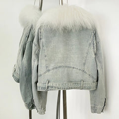 Light blue denim jacket with fur collar