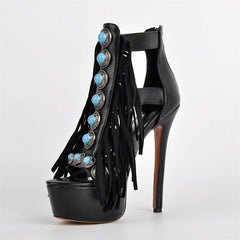 Fringe platform stiletto sandals with jewel embellishments