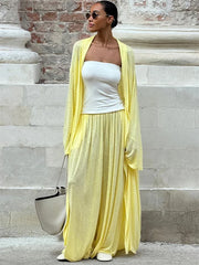 Yellow 2-Piece Lounge Set – Lightweight Cardigan & High-Waist Palazzo Trousers