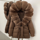 Brown puffer coat with fur trim
