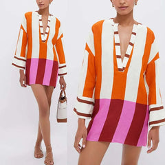 Collage showing a woman in a striped V-neck mini dress with long bell sleeves and a loose fit, with and without accessories.
