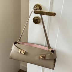 Khaki leather shoulder bag with gold lock detail