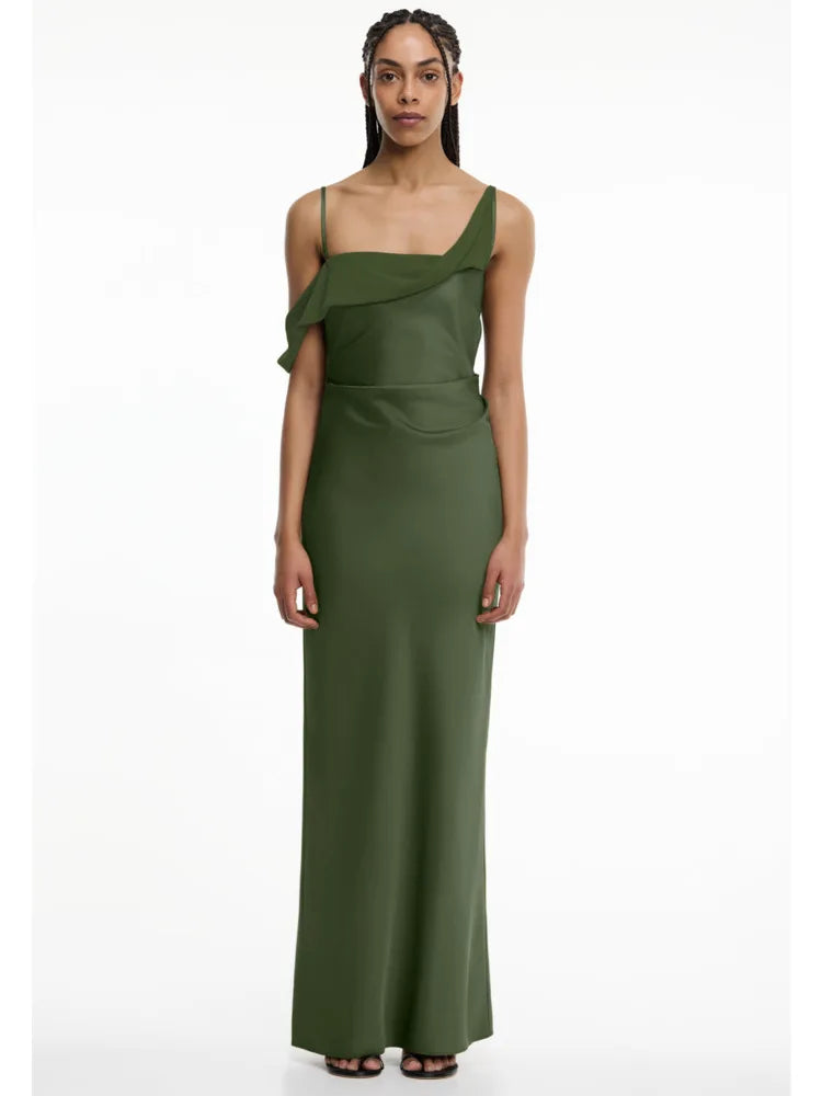 Draped one-shoulder maxi dress in olive green