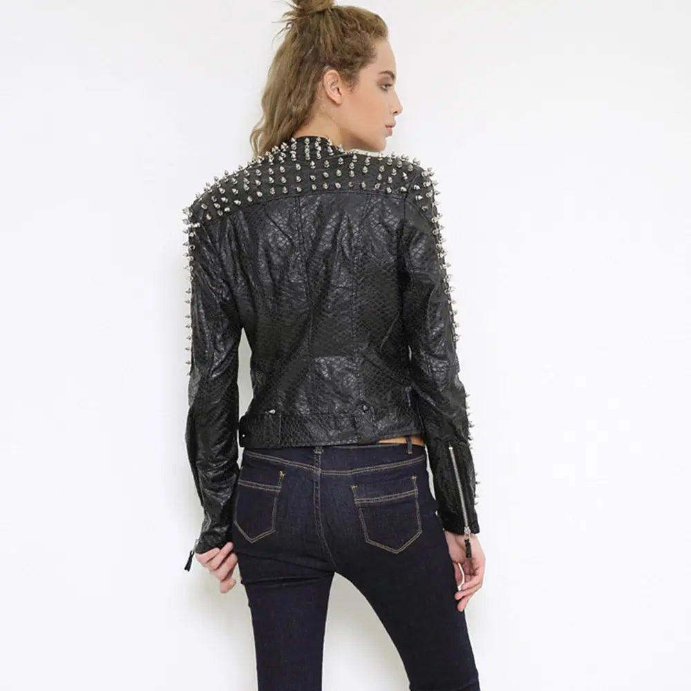 Black studded leather jacket worn by a person