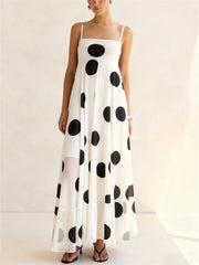 White and black polka dot mesh maxi dress with spaghetti straps
