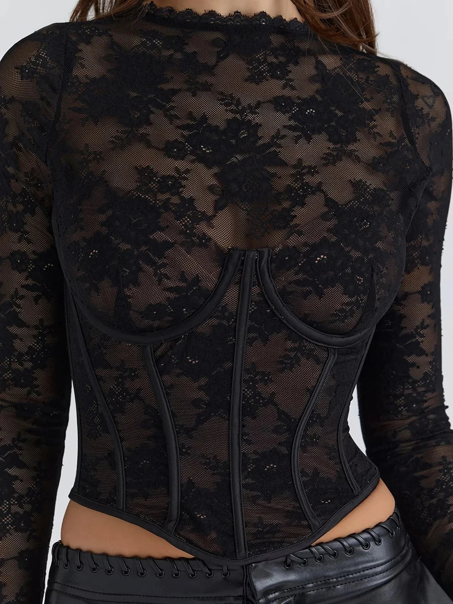 Black lace long-sleeve top on a plain background
