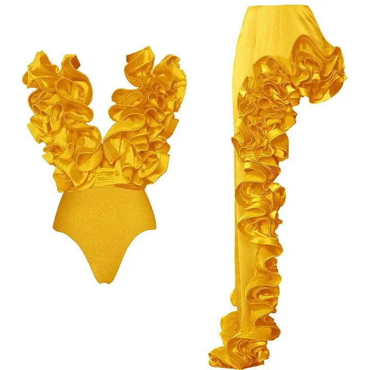 Yellow ruffled V-neck swimwear top and ruffled skirt