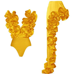 Yellow ruffled V-neck swimwear top and ruffled skirt