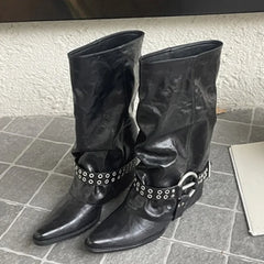 Ruffled Pointed Toe Buckle Detail Boots
