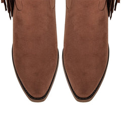Top view of fringe detail pointed toe western boots toe box