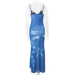 Blue floral dress on a mannequin against a white background