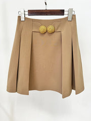 Khaki pleated mini skirt with gold metal buckles