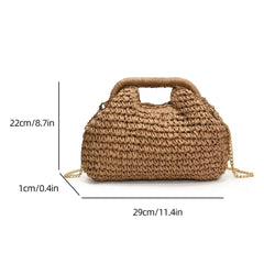 Woven handbag with dimensions on a white background