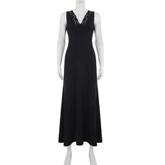 Black Lace Trimmed V-Neck Maxi Dress