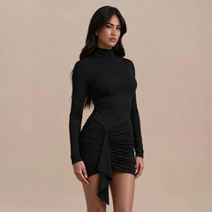 Long Sleeve Turtleneck Ruched Detail Mini Dress