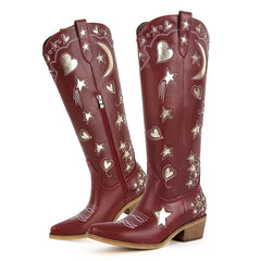 Embroidered Star Moon Knee High Boots