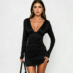 Black long sleeve plunging neckline ruched mini dress