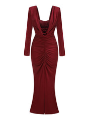 Burgundy Long Sleeve Draped Corset Maxi Dress