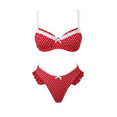 Red polka dot bikini with white lace trim and matching beach pants