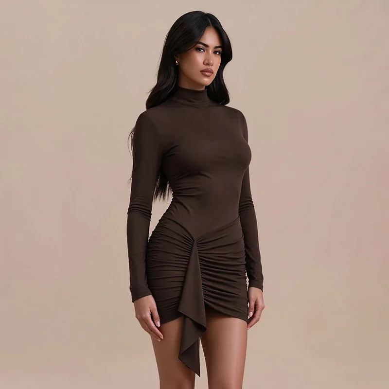 Brown long sleeve turtleneck ruched mini dress